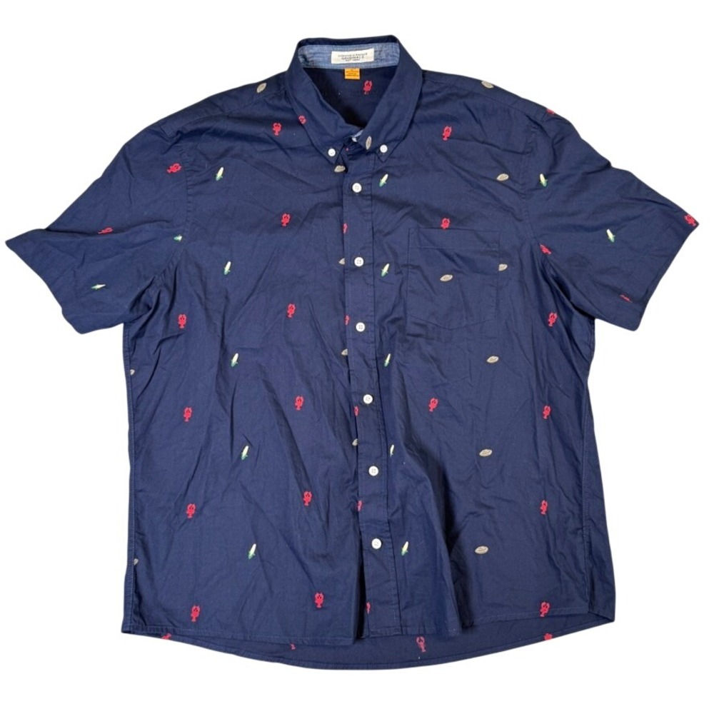 Tailor Vintage Mens XL Navy Lobster Corn Clam Embroidered Short Sleeve Shirt